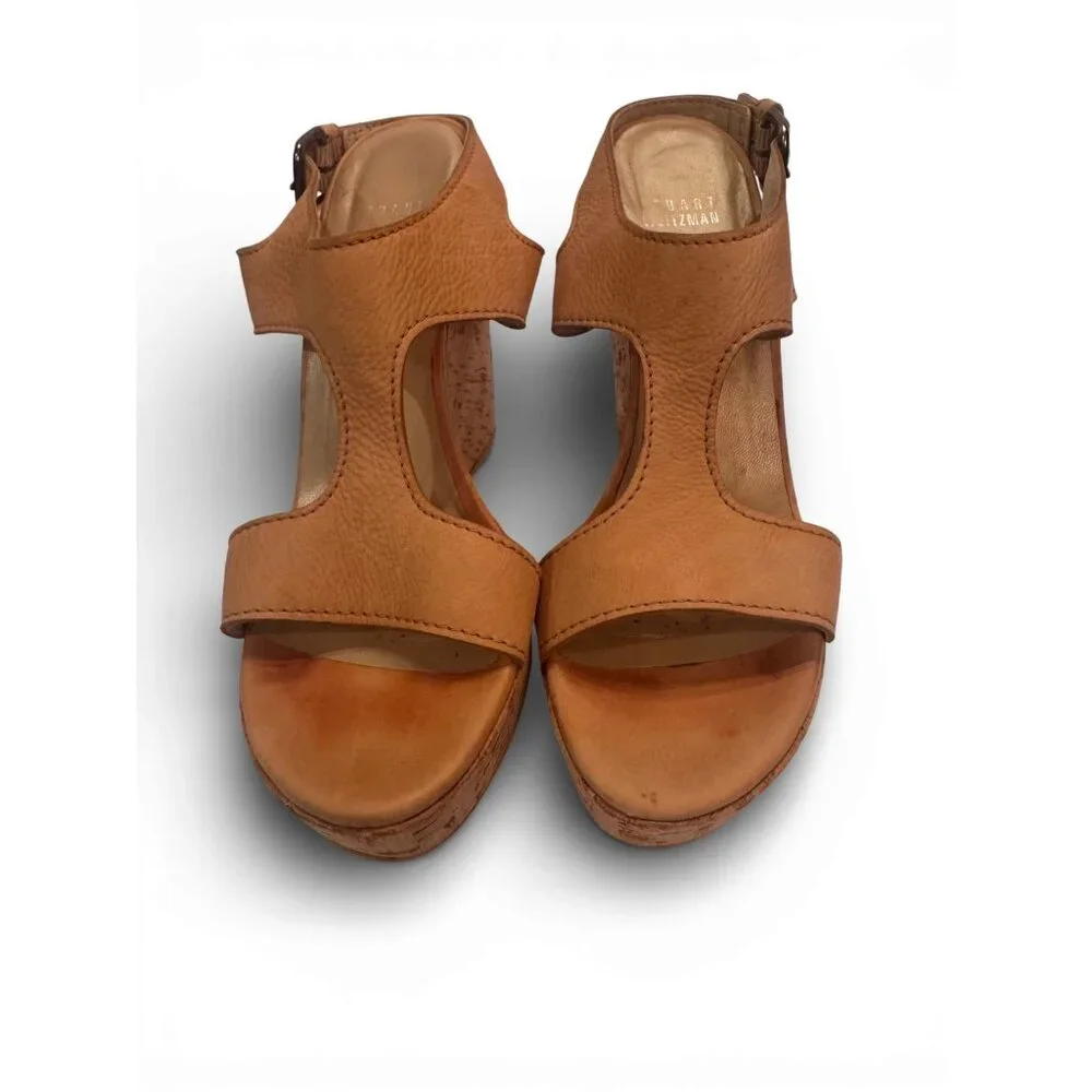 Stuart Weitzman Tan Leather Cork Wedge Sandals Womens 7.5 M